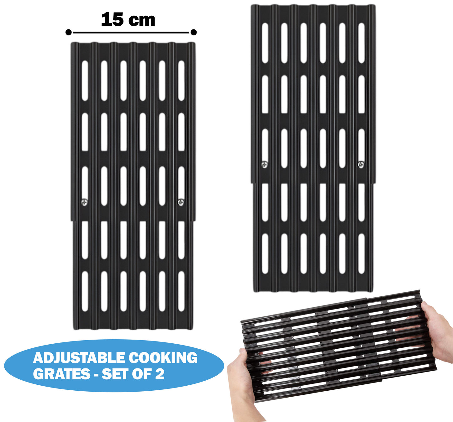 Set of 2 Adjustable Grill Grates – 15 cm Wide Universal Replacement Grill Grates for BBQ Grills, Extends from 31 cm to 48 cm in Depth, Porcelain Steel