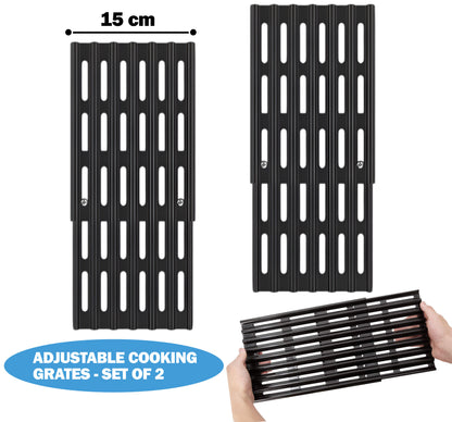 Set of 2 Adjustable Grill Grates – 15 cm Wide Universal Replacement Grill Grates for BBQ Grills, Extends from 31 cm to 48 cm in Depth, Porcelain Steel