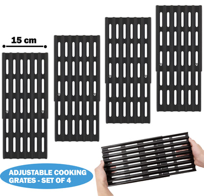 Set of 4 Adjustable Grill Grates – 15 cm Wide Universal Replacement Grill Grates for BBQ Grills, Extends from 31 cm to 48 cm in Depth, Porcelain Steel