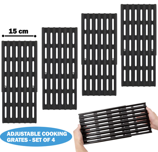 Set of 4 Adjustable Grill Grates – 15 cm Wide Universal Replacement Grill Grates for BBQ Grills, Extends from 31 cm to 48 cm in Depth, Porcelain Steel