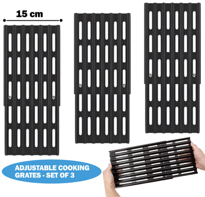 Set of 3 Adjustable Grill Grates – 15 cm Wide Universal Replacement Grill Grates for BBQ Grills, Extends from 31 cm to 48 cm in Depth, Porcelain Steel