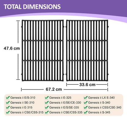Text at the top reads "TOTAL DIMENSIONS". The image shows two of the grill grates placed side-by-side to illustrate their combined size. Dimensions are clearly marked: 47.6 cm (vertical) and 67.2 cm (horizontal total width), with each individual grate measuring 33.6 cm in width. Below, a checklist with green checkmarks indicates compatibility with various Weber Genesis II models including E/S-310, SE-310, E-315, CSE/CSS-315, E-325, E/SE/CE-330, E/S/SE-335, CSE/CSS-335, LX E-340, S-340, CSS/CSE-340,  S-340