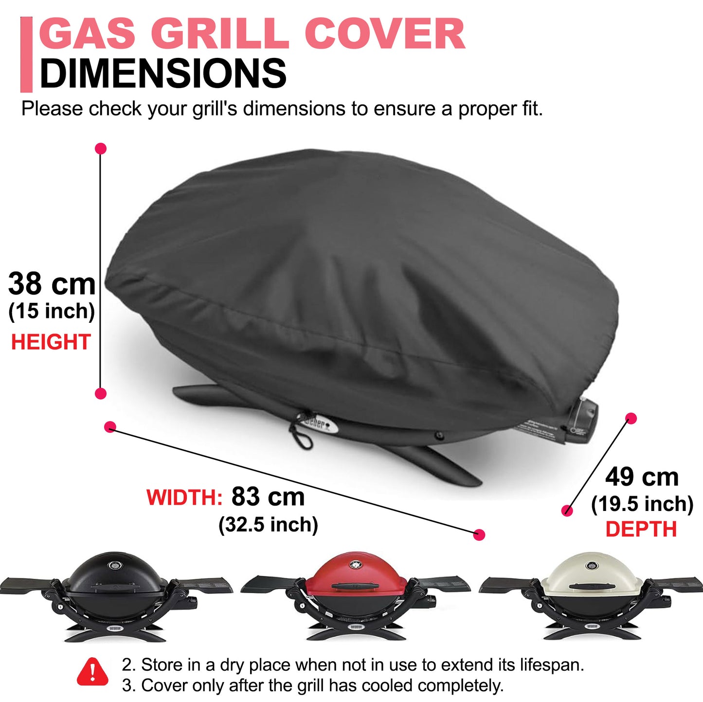 7111 BBQ Grillisuoja Weber Q200 & Q2000 -sarjan grilleille, 600D Oxford-kangas, kestävä & vedenpitävä, PU-suojus Weber Q200, Q220, Q240, Q2000, Q2200, Q2400 kaasugrilleille (83 L x 49 S x 38 K cm)