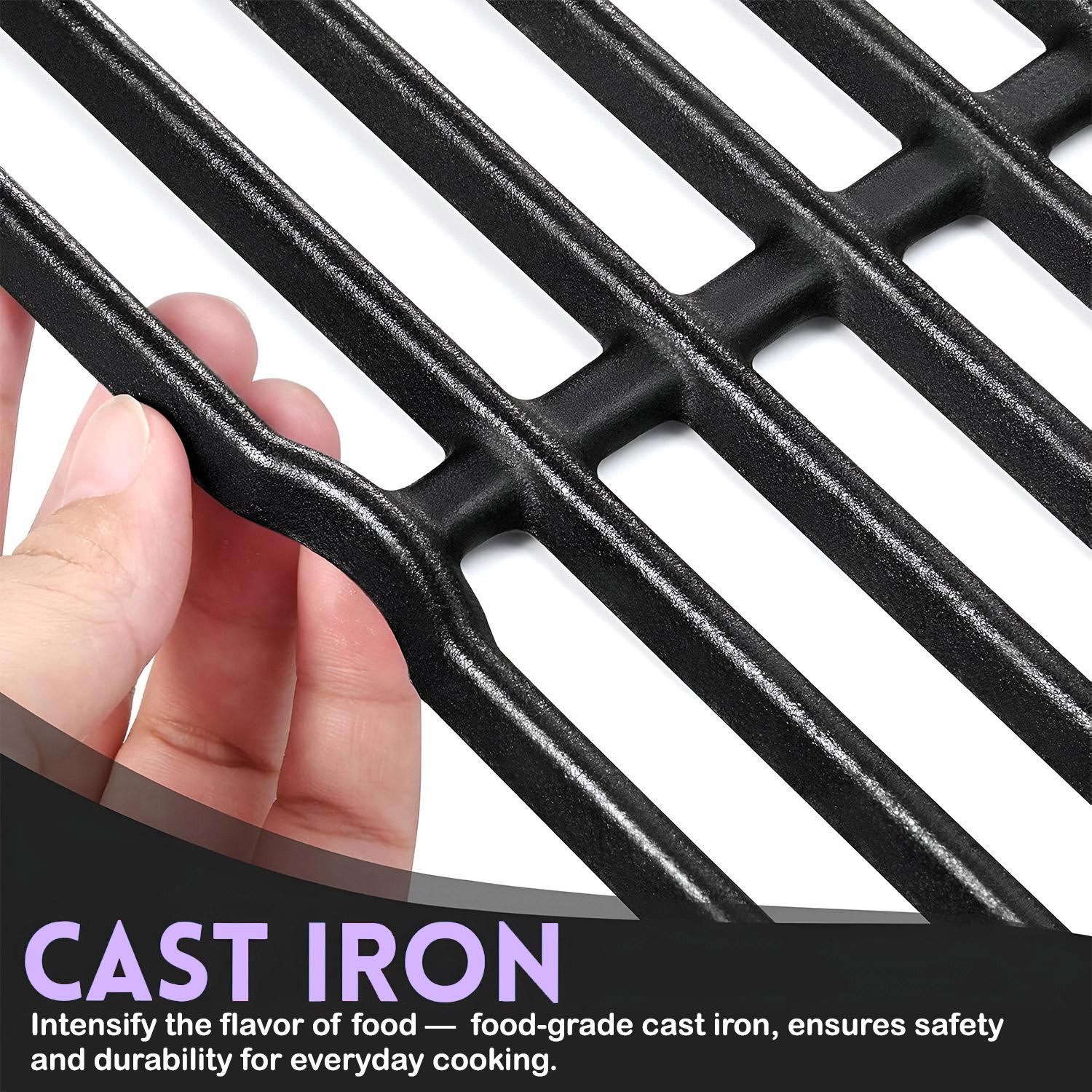 Close-up of a hand showcasing the robust texture of the food-grade cast iron grill grate, emphasizing its durability and ability to intensify food flavor for Weber Spirit and Genesis grills.