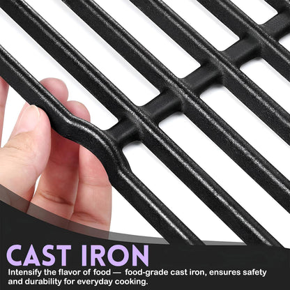Close-up of a hand showcasing the robust texture of the food-grade cast iron grill grate, emphasizing its durability and ability to intensify food flavor for Weber Spirit and Genesis grills.