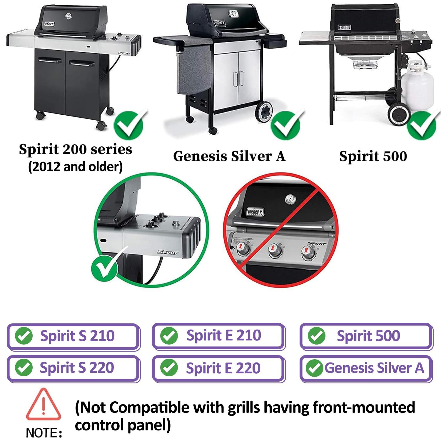 Visual compatibility guide for Weber cast iron grill grates, clearly showing compatible models like Weber Spirit 200 series (2012 & older with side controls), Genesis Silver A, and Spirit 500, explicitly highlighting that front-mounted control grills are not compatible.