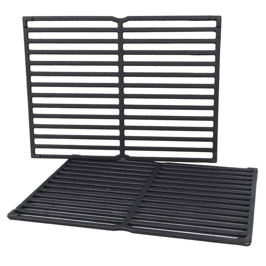 Two durable black cast iron replacement grill grates, compatible with Weber Spirit 200 series E/S-200, E/S-210, & E/S-220 (2009-2012 side control), Genesis Silver A, and Spirit 500 grills, on white background.