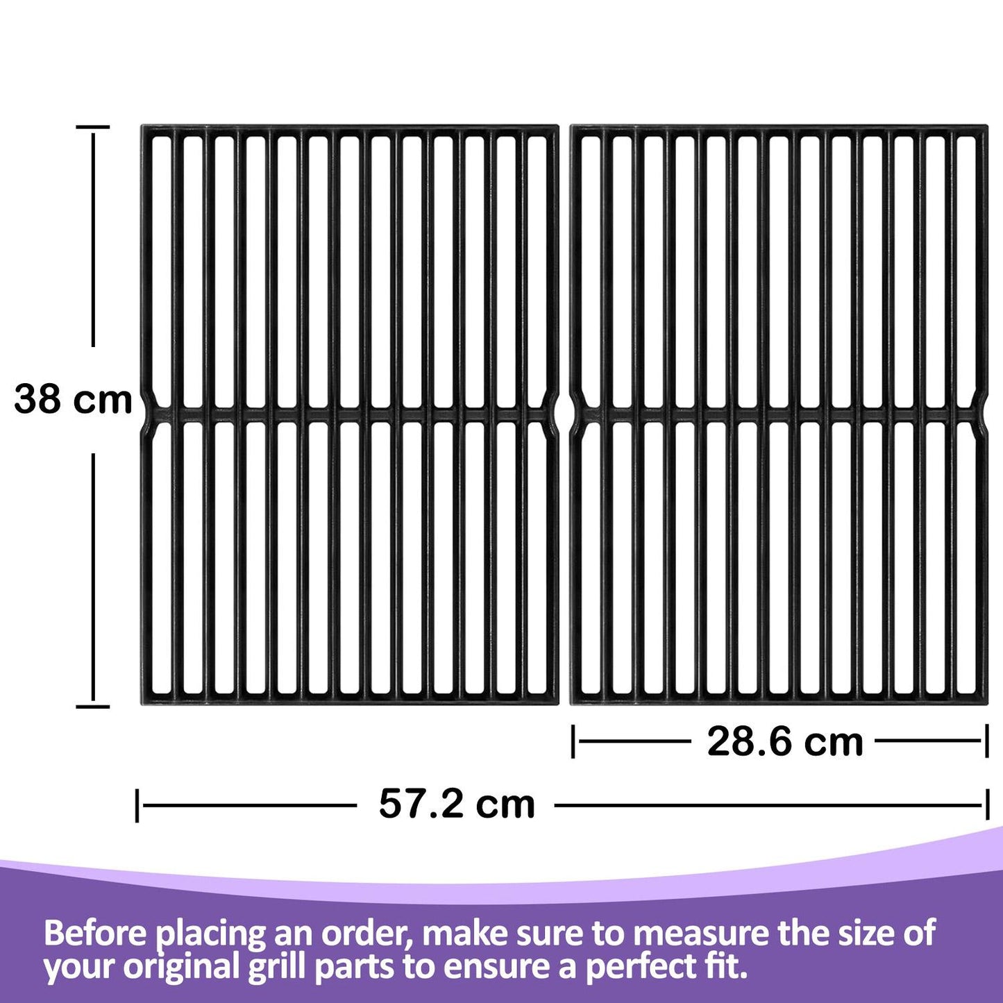 Detailed dimensions of the cast iron replacement grill grates for Weber Spirit and Genesis Silver A, measuring 38 cm in length, 28.6 cm per grate width, and 57.2 cm total combined width, with instructions to measure existing parts for fit.