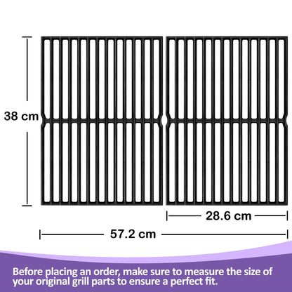 Detailed dimensions of the cast iron replacement grill grates for Weber Spirit and Genesis Silver A, measuring 38 cm in length, 28.6 cm per grate width, and 57.2 cm total combined width, with instructions to measure existing parts for fit.