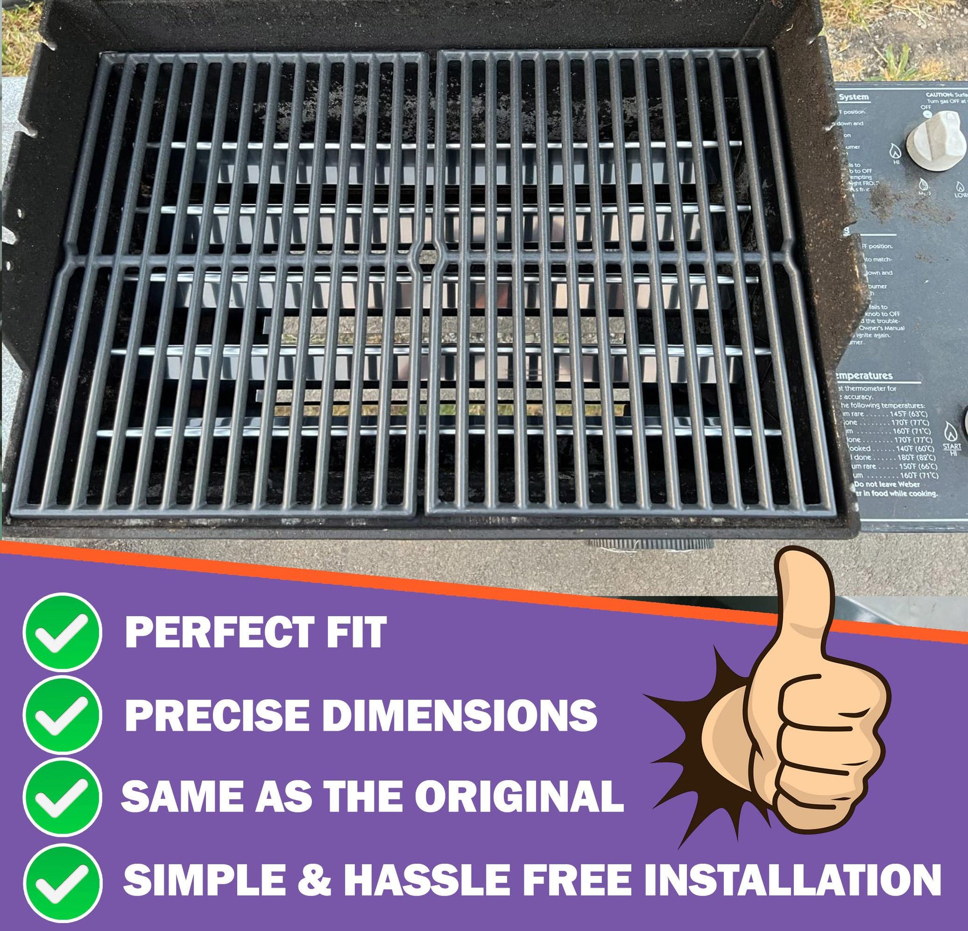 Cast iron grill grates, direct replacements for Weber 7521/7522, perfectly installed on a Weber Spirit gas grill, demonstrating their precise fit and easy installation.