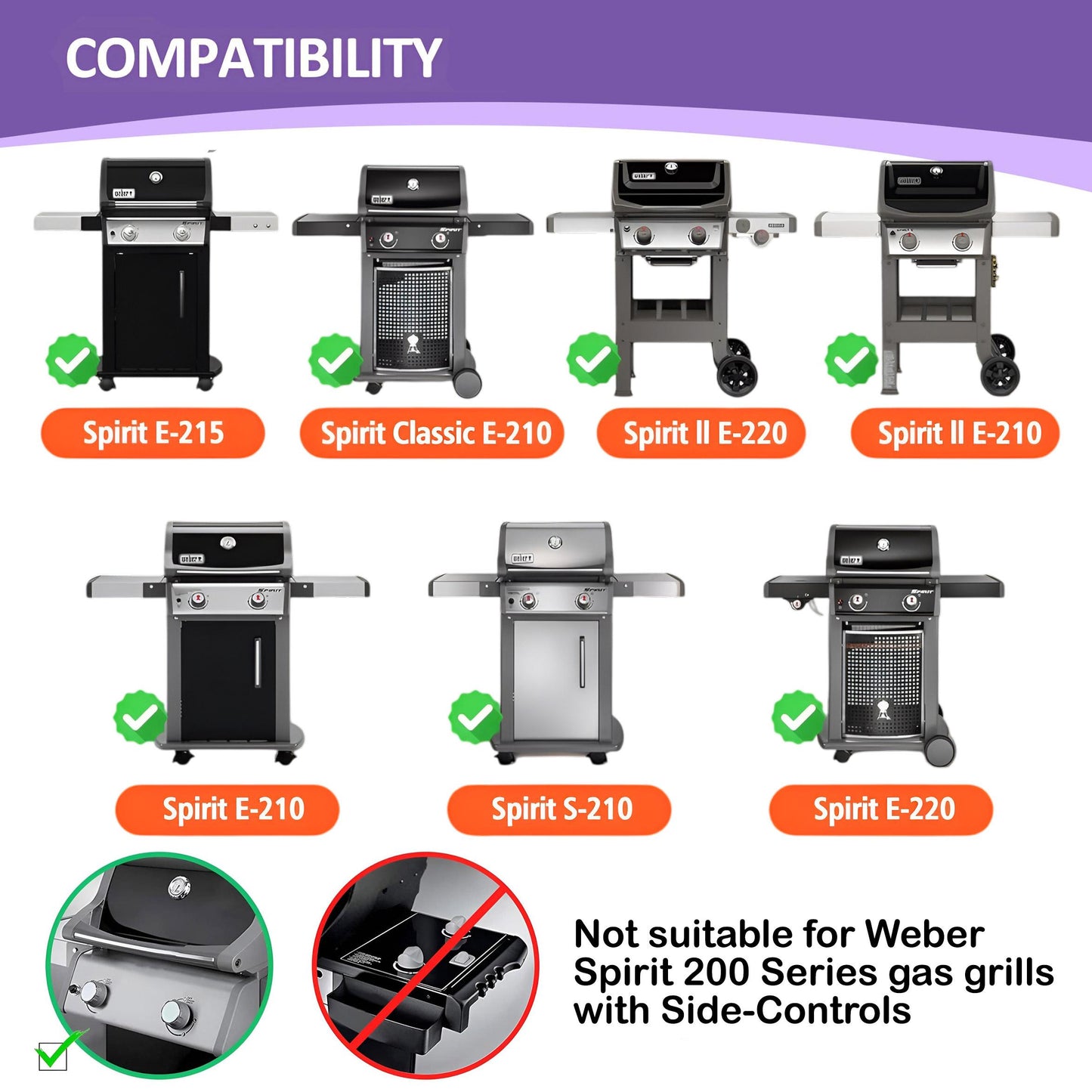 Compatibility chart for 7637 cast iron grill grates, showing various Weber Spirit 200 and Spirit II 200 series models, including Spirit E-210, E-220, S-210, Spirit II E-210, Spirit II E-220, confirming fit for grills with front-mounted controls. Notes incompatibility with side-control models.
