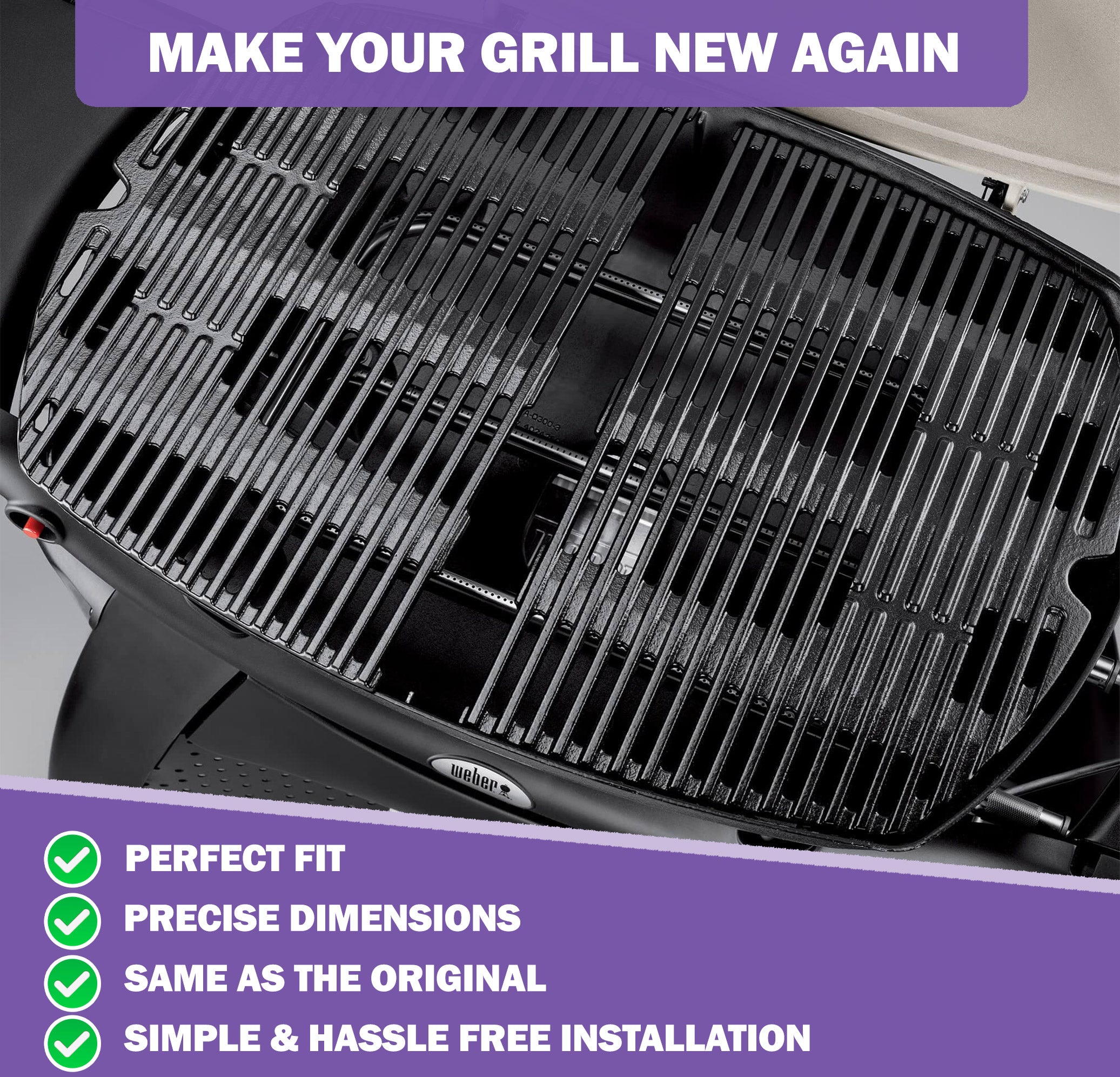 7646 7584 Valurautaiset grilliritilät Weber Q300, Q320, Q3000, Q3100, Q3200 -sarjan kaasugrilleihin, Weber Q 300/3000 -sarjan grilliritilät