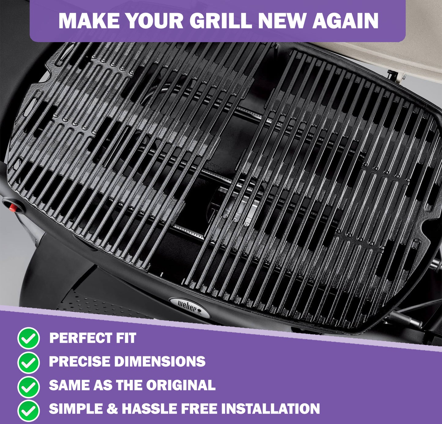 7646 7584 Valurautaiset grilliritilät Weber Q300, Q320, Q3000, Q3100, Q3200 -sarjan kaasugrilleihin, Weber Q 300/3000 -sarjan grilliritilät