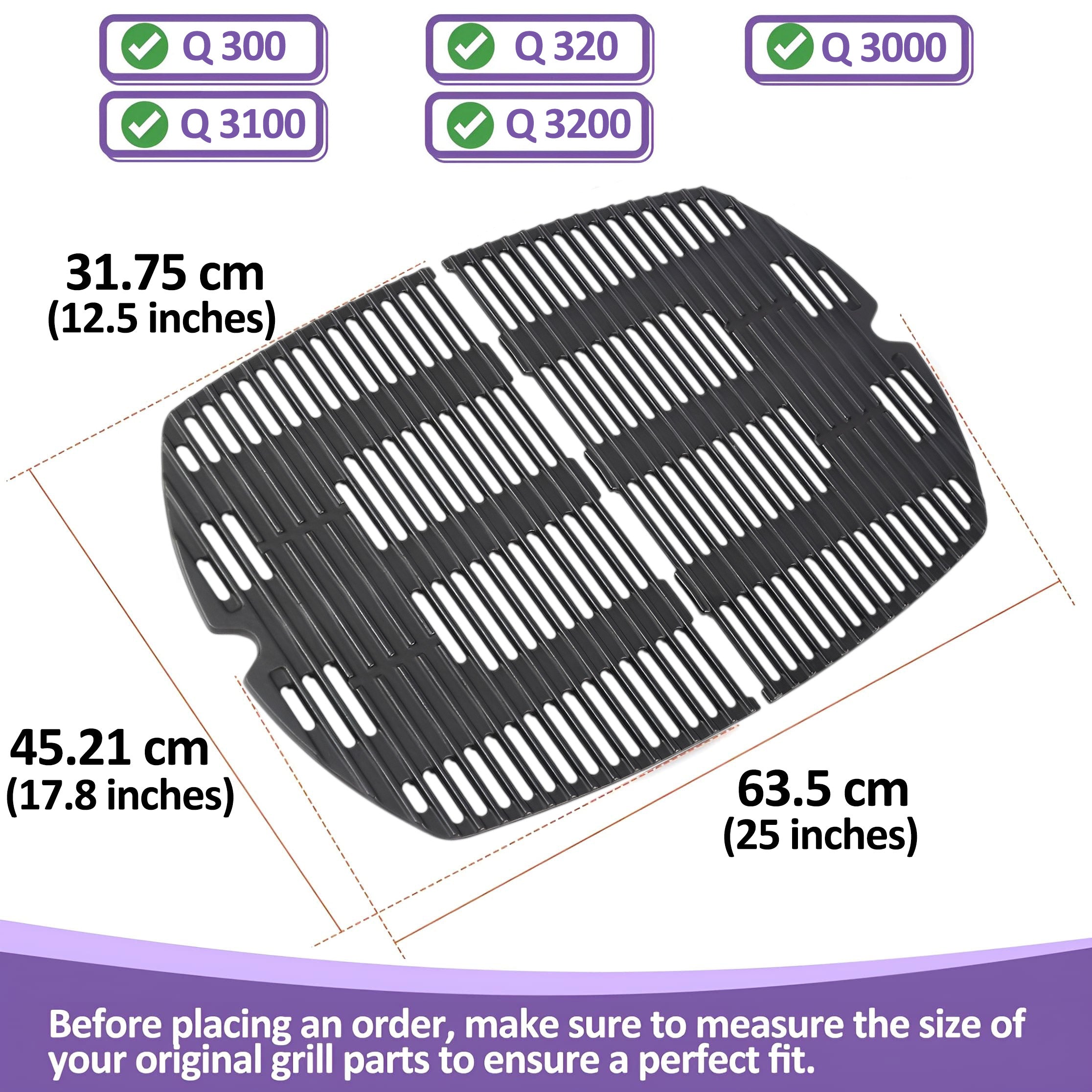 7646 7584 Valurautaiset grilliritilät Weber Q300, Q320, Q3000, Q3100, Q3200 -sarjan kaasugrilleihin, Weber Q 300/3000 -sarjan grilliritilät