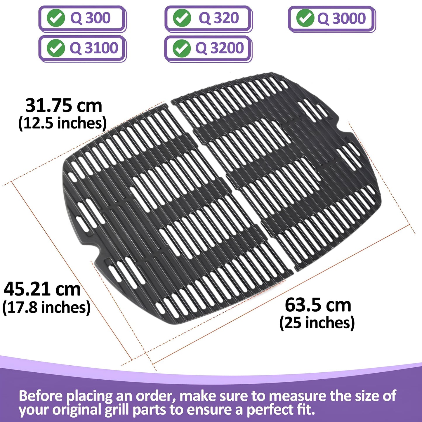 7646 7584 Valurautaiset grilliritilät Weber Q300, Q320, Q3000, Q3100, Q3200 -sarjan kaasugrilleihin, Weber Q 300/3000 -sarjan grilliritilät
