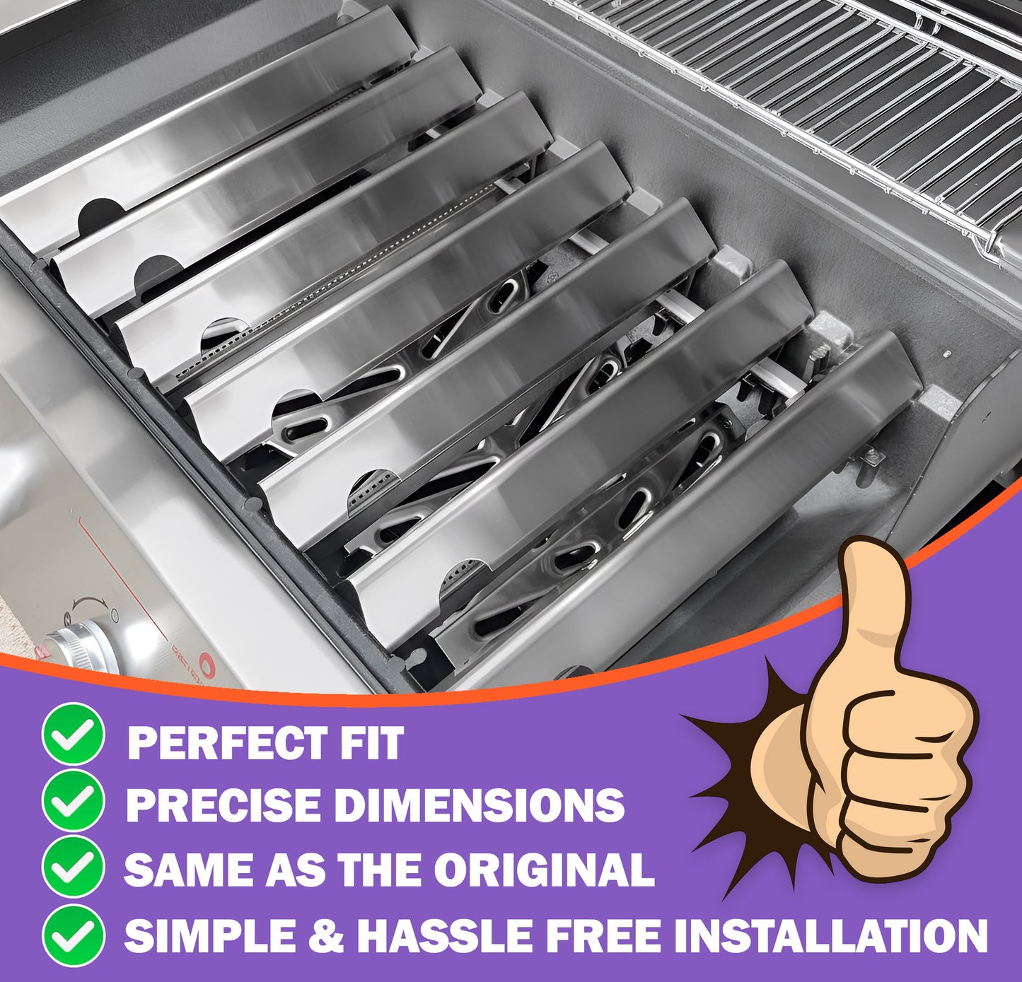 7 kpl ruostumattomasta teräksestä valmistetut Flavorizer Bars -poltinsuojat Weber Genesis II 400- ja Genesis 400 -sarjan grilleihin (E-410/S-410, E-425, E-435/S-435, S-440), korvaa Weber 66033 / 66797