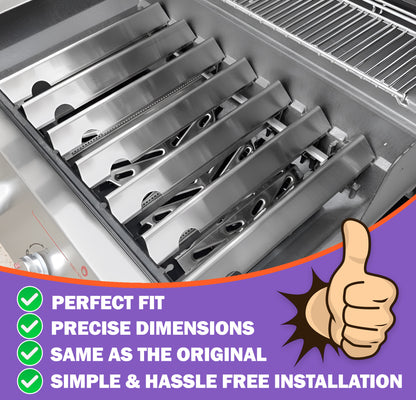 7 kpl ruostumattomasta teräksestä valmistetut Flavorizer Bars -poltinsuojat Weber Genesis II 400- ja Genesis 400 -sarjan grilleihin (E-410/S-410, E-425, E-435/S-435, S-440), korvaa Weber 66033 / 66797