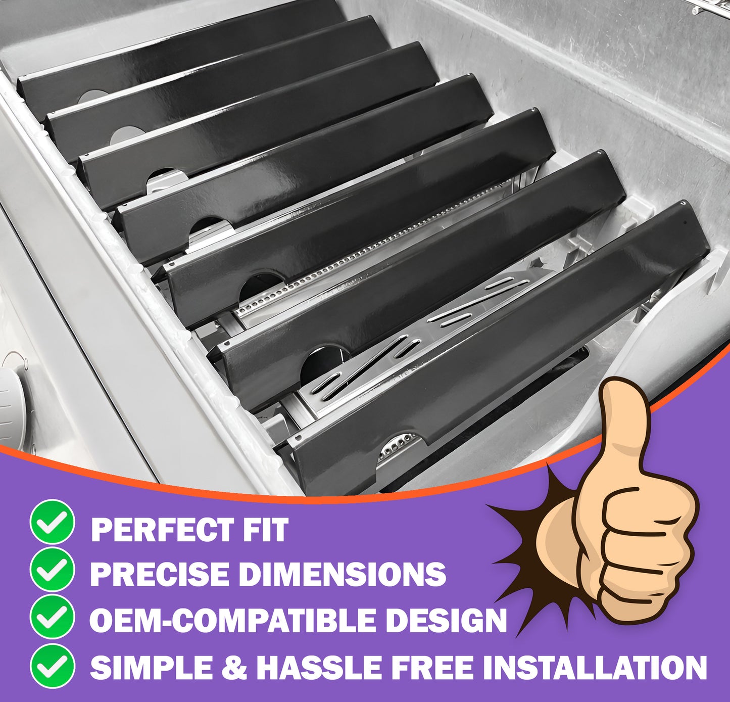 7 kpl posliiniemaloidut Flavorizer Bars -poltinsuojat Weber Genesis II 400 & Genesis 400 -sarjan grilleihin (E-410/S-410, E-415, E-435/S-435, E-440), korvaa Weber 66797 / 66033