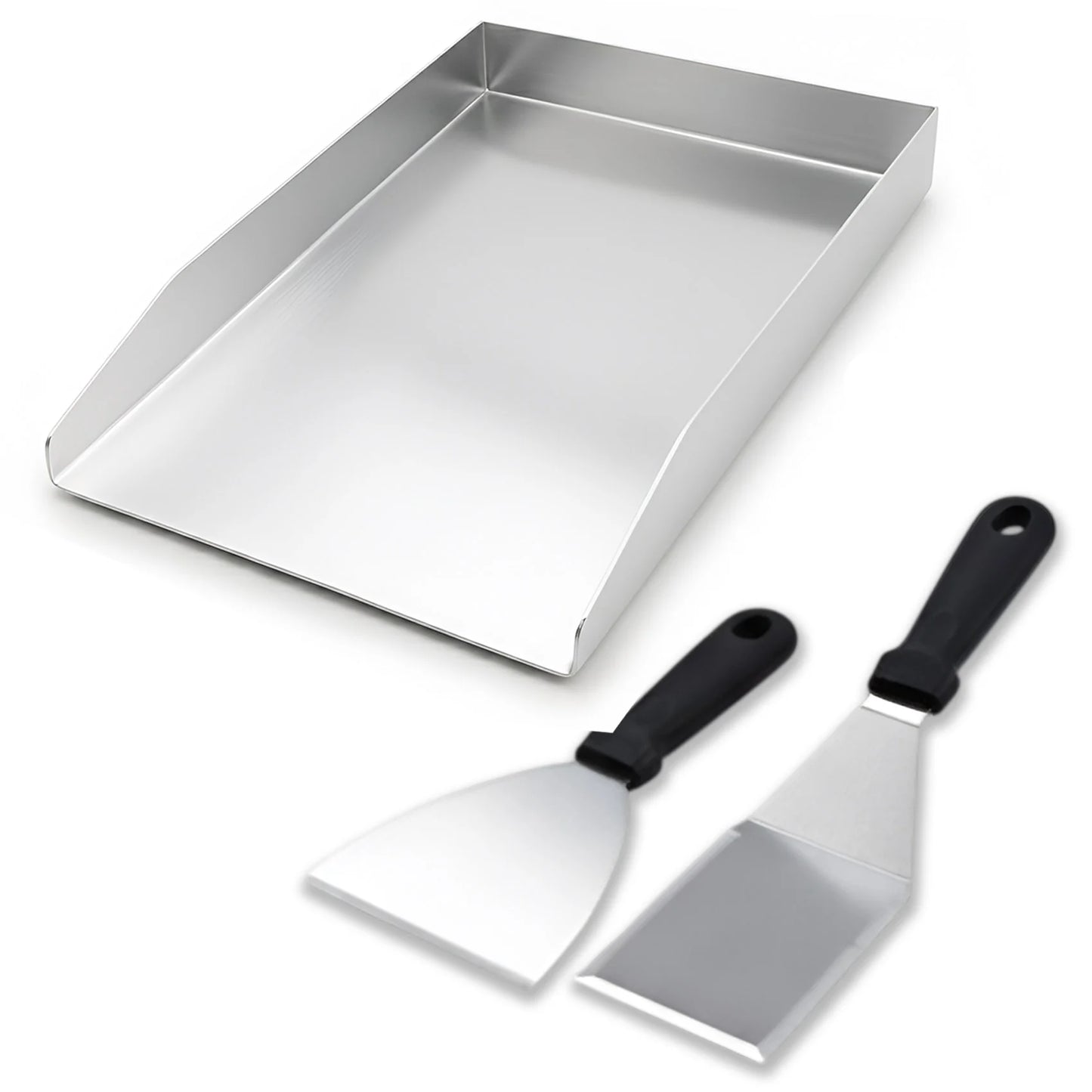 40 × 30 cm Stainless Steel BBQ Griddle Plate / Plancha – Universal Grill Griddle Accessory (2 mm Thick SS 430) with 2 Spatulas