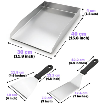 40 × 30 cm Stainless Steel BBQ Griddle Plate / Plancha – Universal Grill Griddle Accessory (2 mm Thick SS 430) with 2 Spatulas