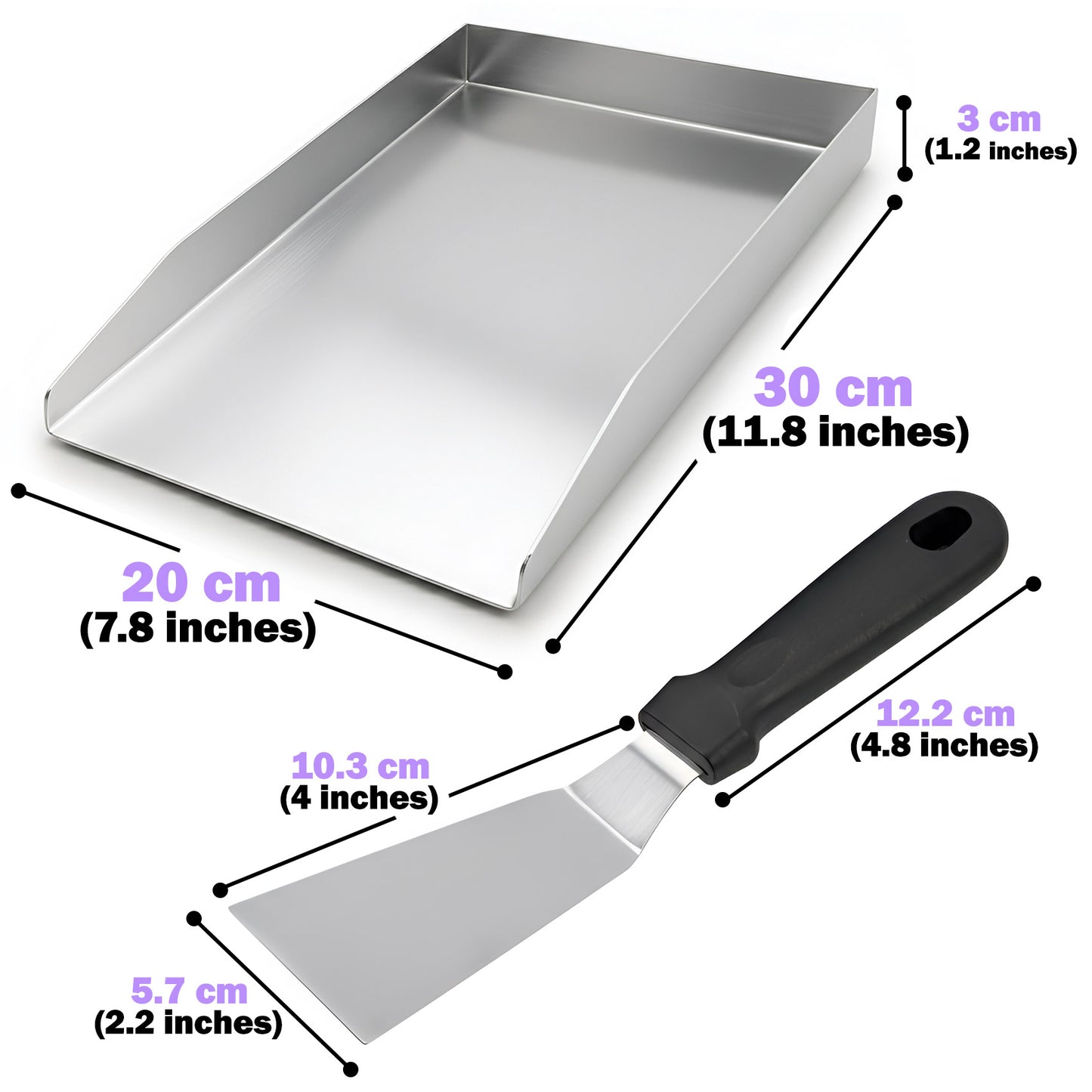 30 × 20 cm Stainless Steel BBQ Griddle Plate / Plancha – Universal Grill Griddle Accessory with Spatula