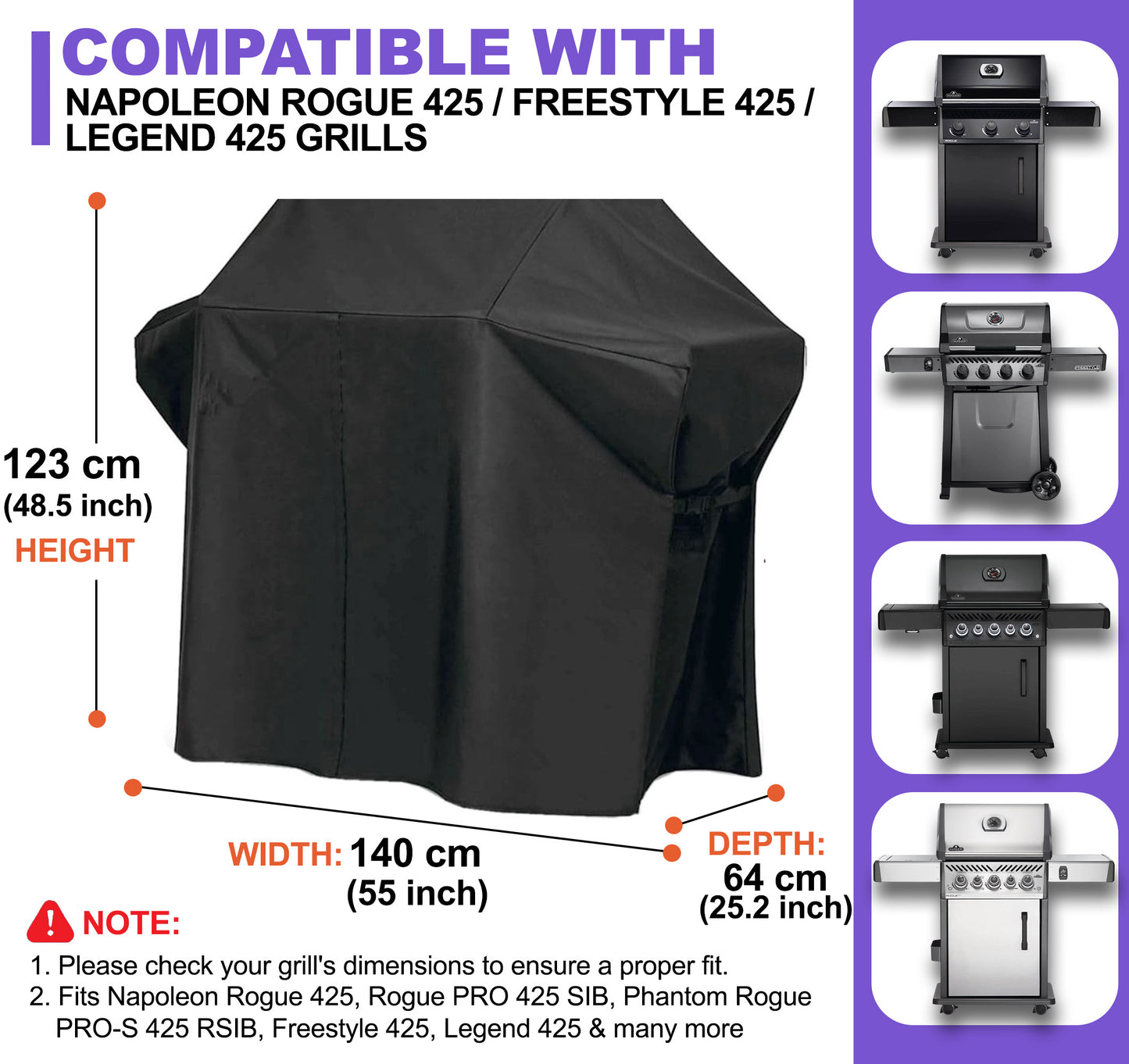 BBQ Grill Cover for Napoleon Rogue 425 Series – Premium Heavy-Duty Waterproof 600D Oxford – 140 × 64 × 123 cm