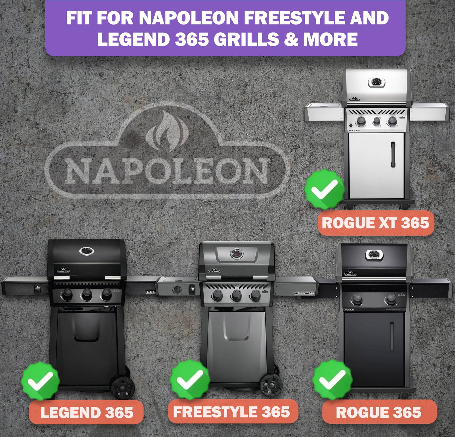 Napoleon Freestyle 365, Legend 365 ja Rogue 365 grillin varaosat – posliiniemaloidut lämmöntasauslevyt ja ruostumattomasta teräksestä valmistetut polttimet, 3 kpl