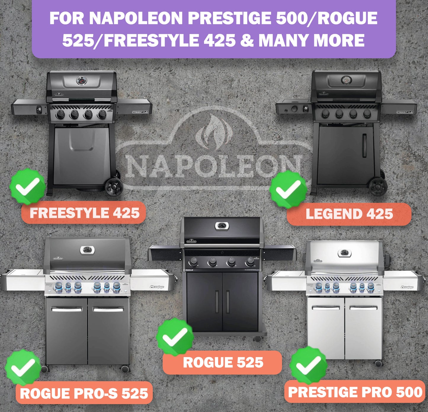 4 kpl ruostumattomasta teräksestä valmistetut grillin polttimet varaosat Napoleon Freestyle 425-, Prestige Pro 500-, Rogue 525- ja Legend 425 -sarjan grilleihin