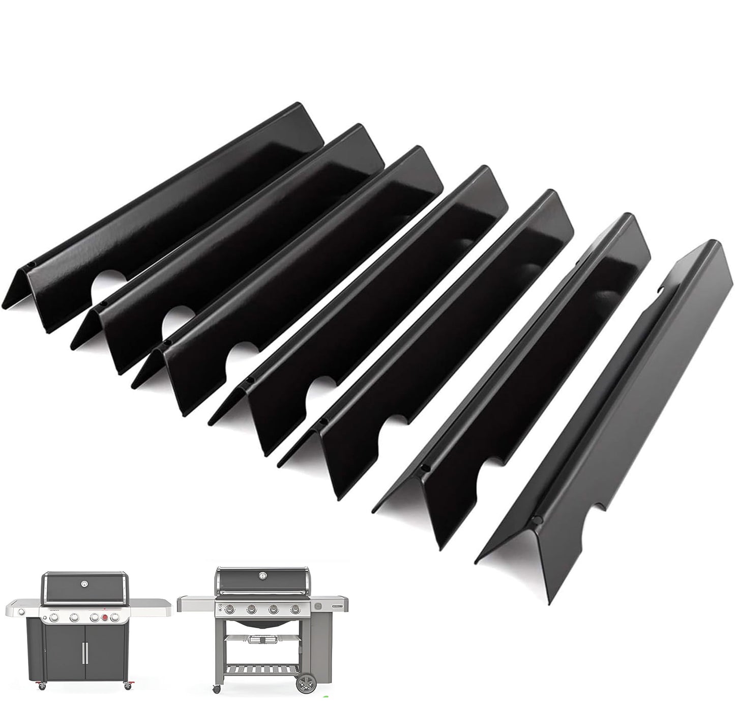 7 kpl posliiniemaloidut Flavorizer Bars -poltinsuojat Weber Genesis II 400 & Genesis 400 -sarjan grilleihin (E-410/S-410, E-415, E-435/S-435, E-440), korvaa Weber 66797 / 66033