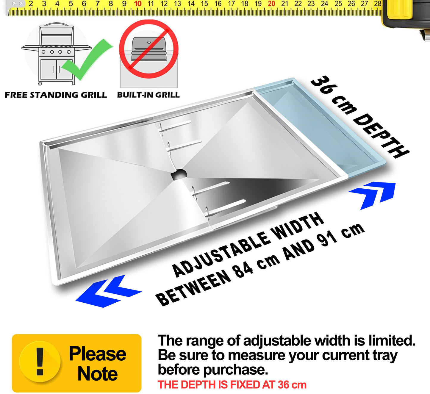 Grease Tray with Adjustable Width (84 cm to 91 cm) x 36 cm for Grills from Biltema, Lucifer, Napolean, Landmann and Many More, Fits Universally