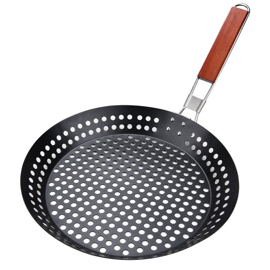 Foldable Non-Stick Grill Frying Pan Skillet with Wooden Handle (Carbon Steel BBQ Grill Pan)