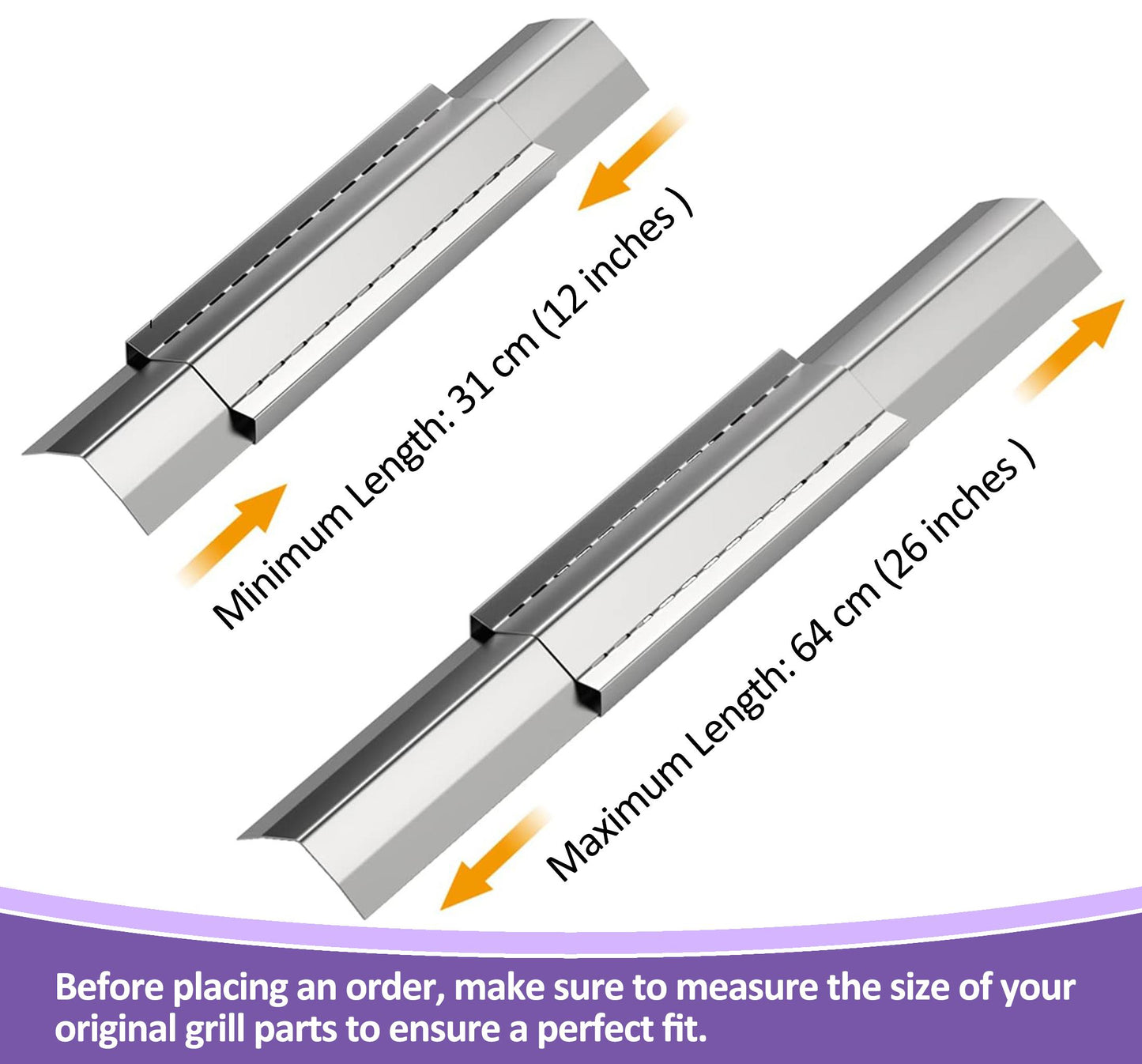 Säädettävä ruostumattomasta teräksestä valmistettu lämpölevy, liekkitakaisin (3 kpl) Laajentuu (31 cm - 64 cm) kaasugrillille useimmilta valmistajilta