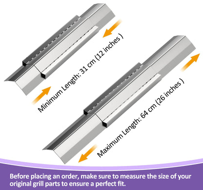 Säädettävä ruostumattomasta teräksestä valmistettu lämpölevy, liekkitakaisin (3 kpl) Laajentuu (31 cm - 64 cm) kaasugrillille useimmilta valmistajilta