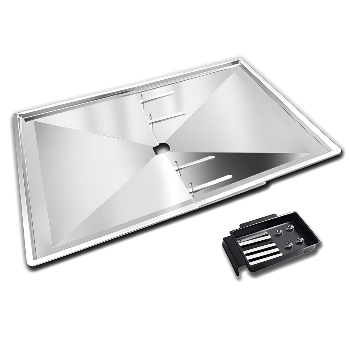 Adjustable steel grease drip tray 84-91 cm with catch cup for 6-burner Weber, Napoleon, Char-Broil & gas grills.