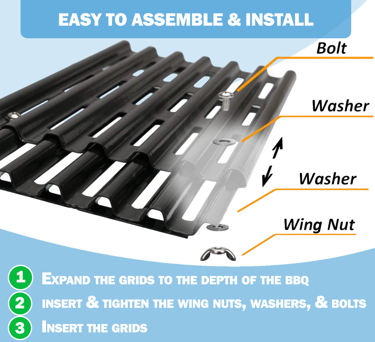 Set of 4 Adjustable Grill Grates – 15 cm Wide Universal Replacement Grill Grates for BBQ Grills, Extends from 31 cm to 48 cm in Depth, Porcelain Steel