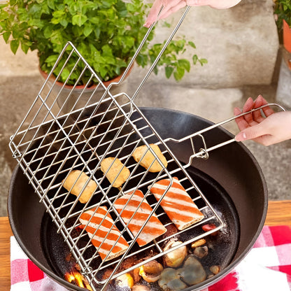 Stainless Steel Grill Basket with Clip Handle – Portable BBQ Mesh Clamp for Camping, Fish, and Vegetables