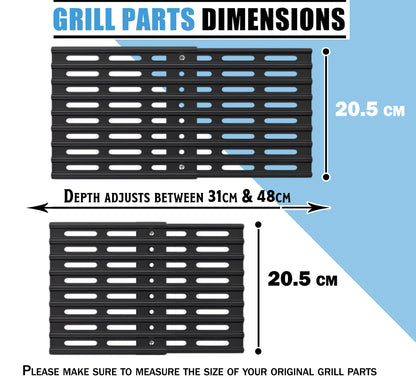 Set of 3 Adjustable Grill Grates – 20.5 cm Wide Universal Replacement Grill Grates for BBQ Grills, Extends from 31 cm to 48 cm in Depth, Porcelain Steel