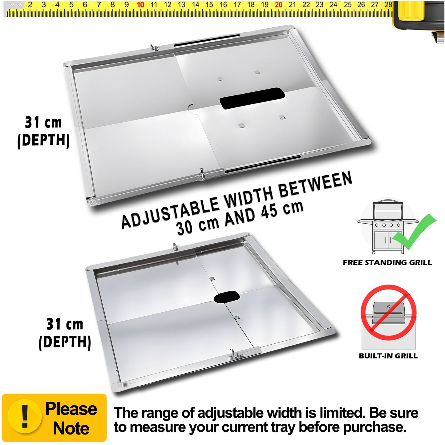 Grease Tray with Adjustable Width (30 cm to 46 cm) x 31 cm for Small Grills from Weber Biltema, Lucifer, Napolean, Landmann and Many More, Fits Universally