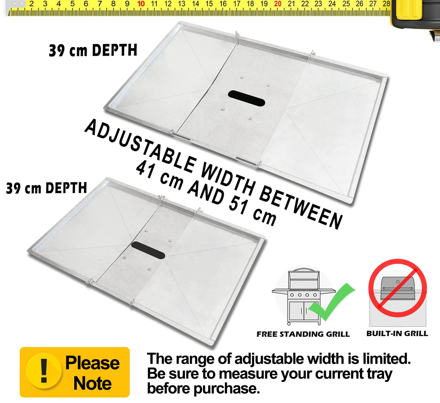 Grease Tray with Adjustable Width (41 cm to 51 cm) x 39 cm for Grills from Biltema, Lucifer, Napolean, Landmann and Many More, Fits Universally