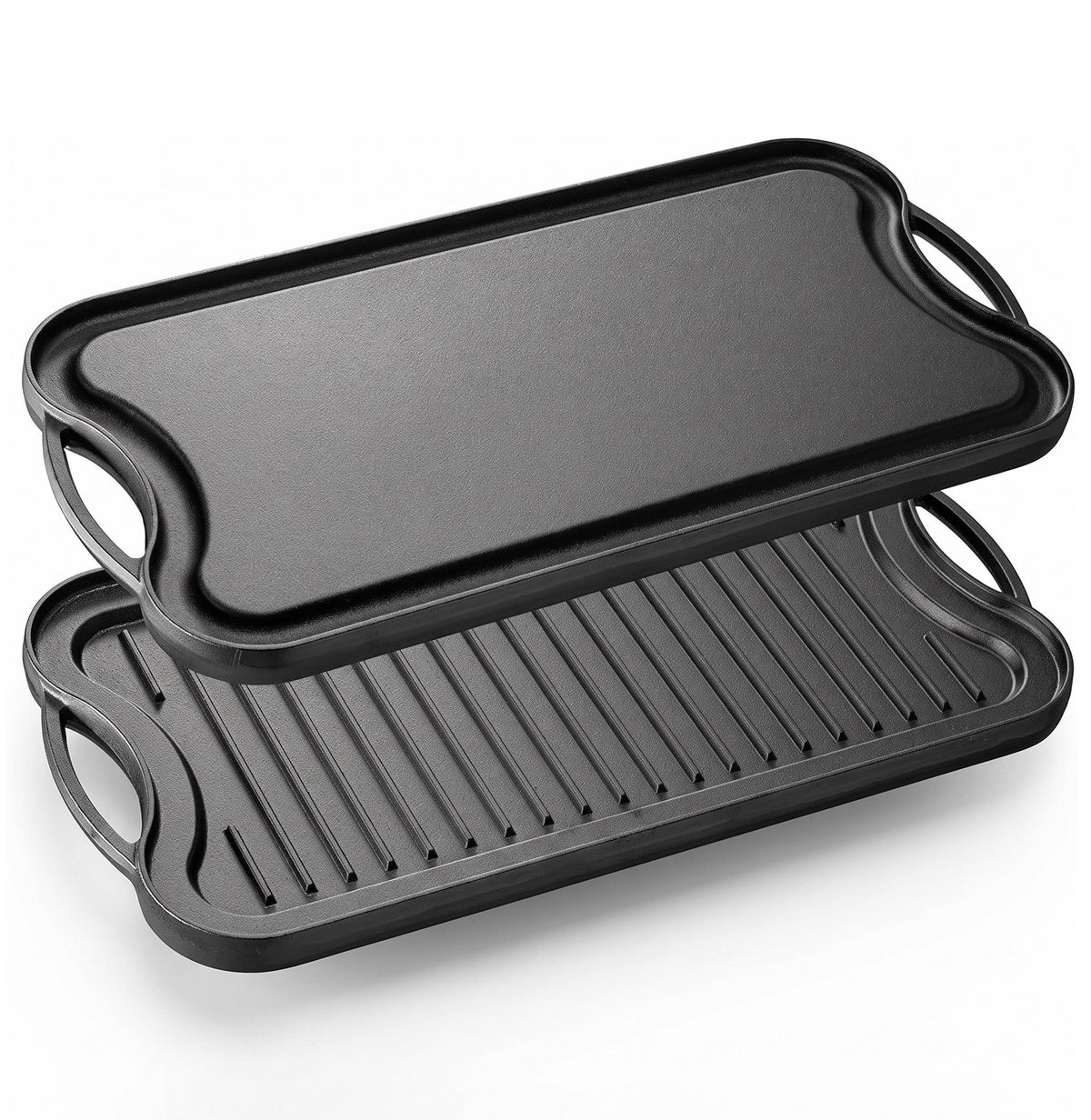 Reversible cast iron griddle 46x25 cm with smooth and ribbed sides for indoor stovetops and outdoor gas grills.