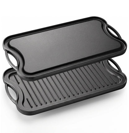 Reversible cast iron griddle 46x25 cm with smooth and ribbed sides for indoor stovetops and outdoor gas grills.