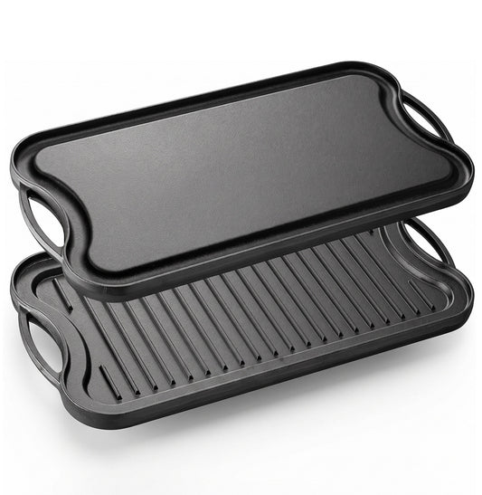 Reversible cast iron griddle 46x25 cm with smooth and ribbed sides for indoor stovetops and outdoor gas grills.