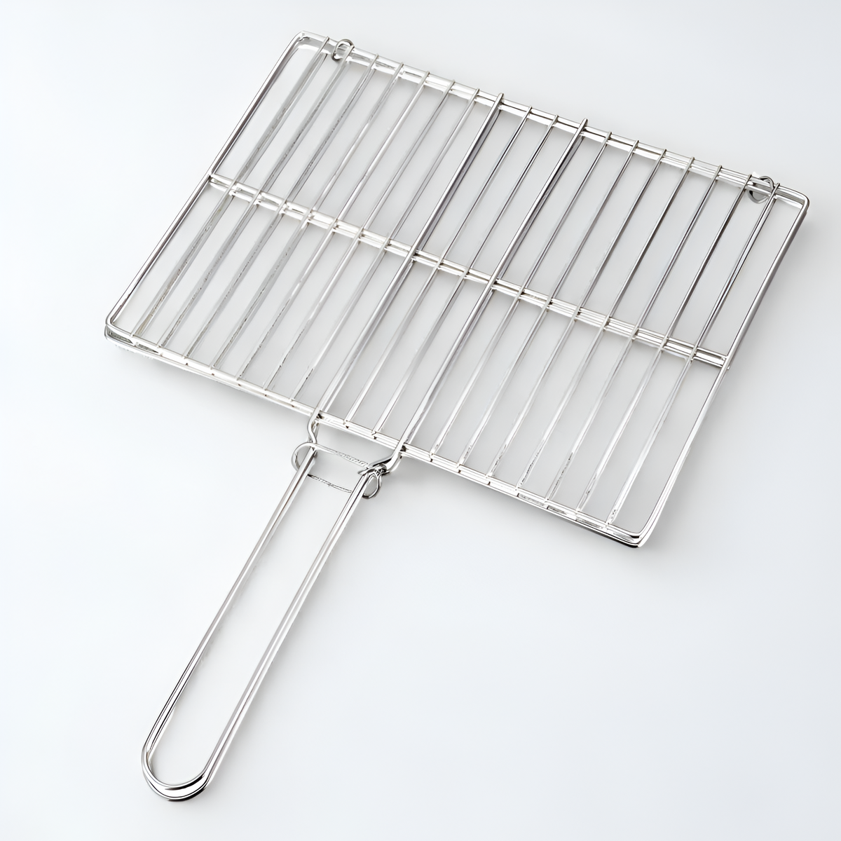 Stainless steel BBQ grill basket with secure clip handle for grilling fish, vegetables, steaks, and seafood.