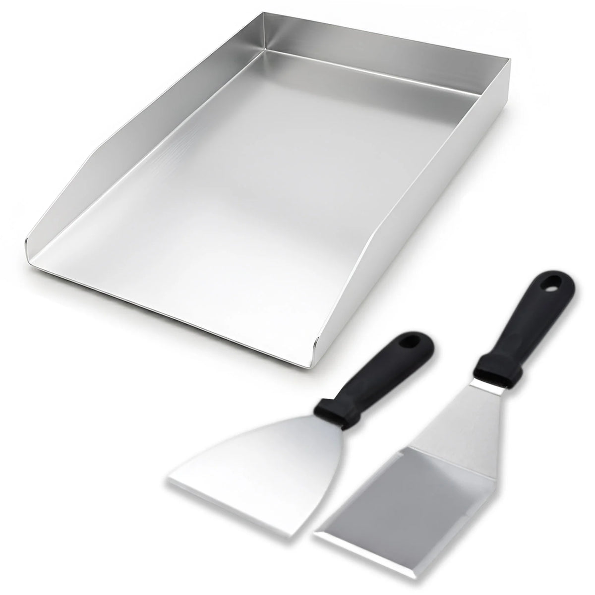 Universal stainless steel BBQ griddle plate 40x30 cm with fat drain & 2 spatulas for gas & charcoal grills.
