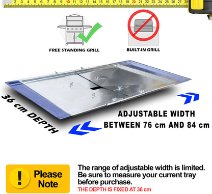 Replacement Grease Tray with Adjustable Width for BBQ Grill Models from Biltema, Lucifer, Napolean, Landmann and more, (76 cm to 84 cm) x 36 cm