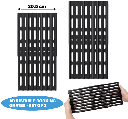 Set of 2 Adjustable Grill Grates – 20.5 cm Wide Universal Replacement Grill Grid for BBQ Grills, Extends from 31 cm to 48 cm in Depth, Porcelain Steel