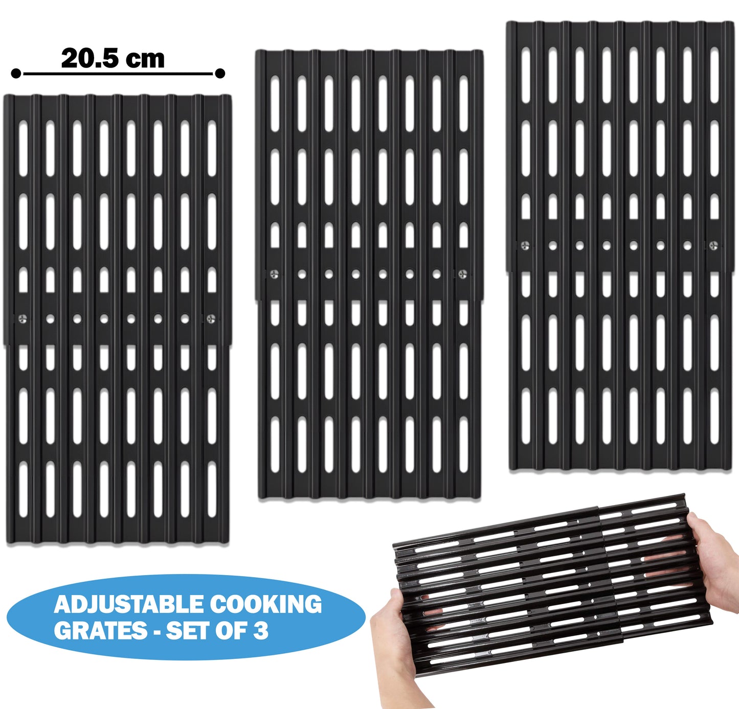 Set of 3 Adjustable Grill Grates – 20.5 cm Wide Universal Replacement Grill Grates for BBQ Grills, Extends from 31 cm to 48 cm in Depth, Porcelain Steel