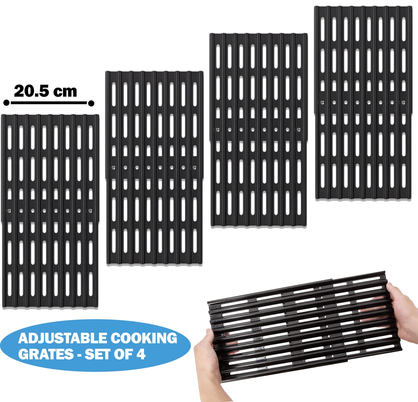 Set of 4 Adjustable Grill Grates – 20.5 cm Wide Universal Replacement Grill Grates for BBQ Grills, Extends from 31 cm to 48 cm in Depth, Porcelain Steel