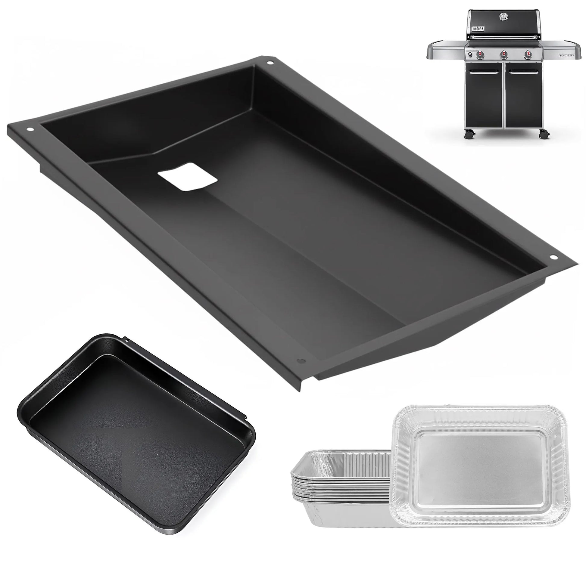 Complete Weber 62757 replacement kit including a heavy-duty grease tray, 67047 catch pan, and 10 aluminum liners for Genesis 300 grills with front controls.