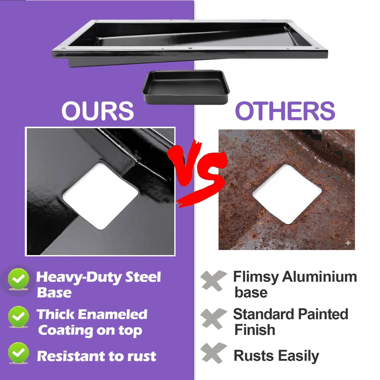 Comparison of our heavy-duty enameled steel Weber 62757 drip tray vs. rusted aluminum "Others," highlighting thick powder coating and rust resistance.